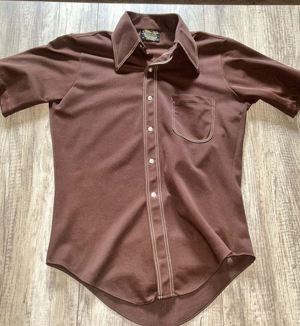 Vintage National Shirt Shops Contour Knit Brown Western Disco Shirt N2